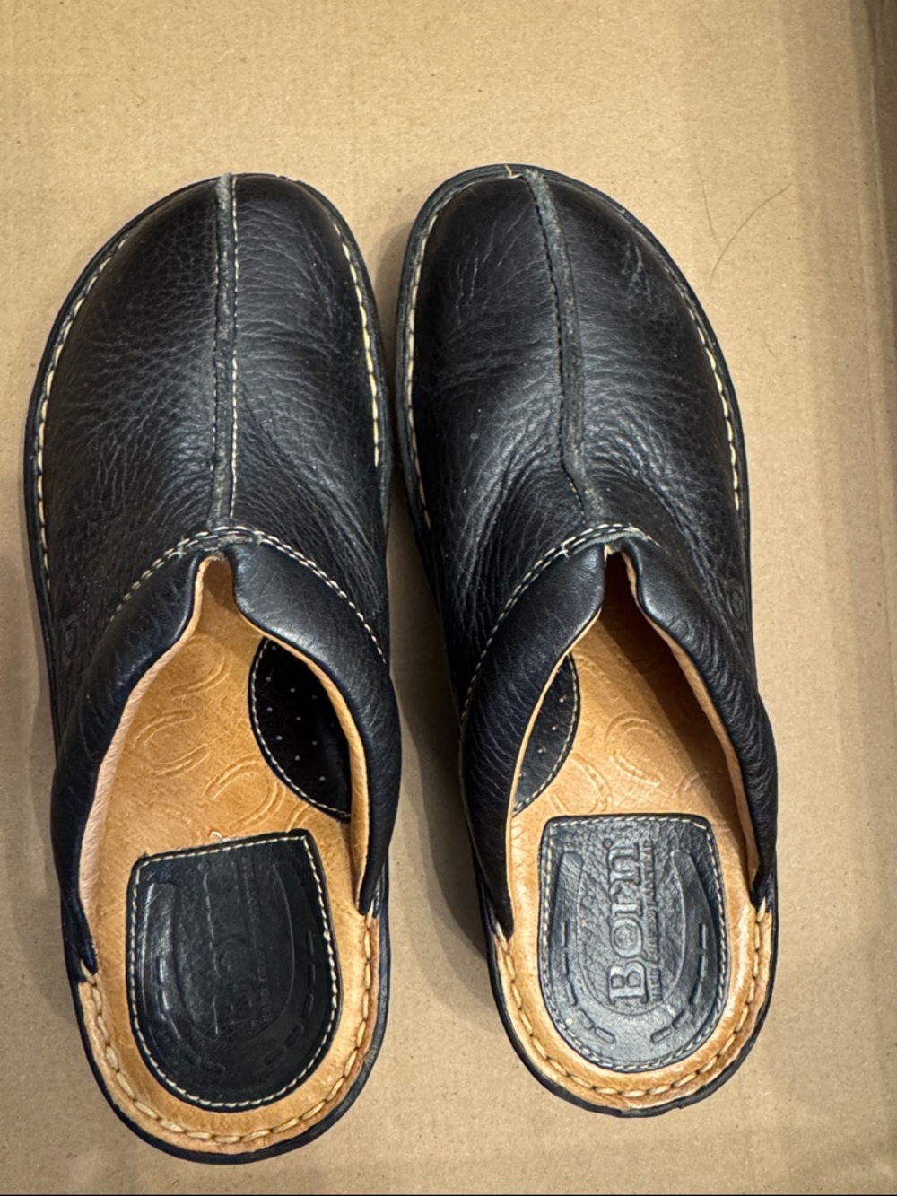 Born Black Leather Slip-On Mules with Contrast Stitching